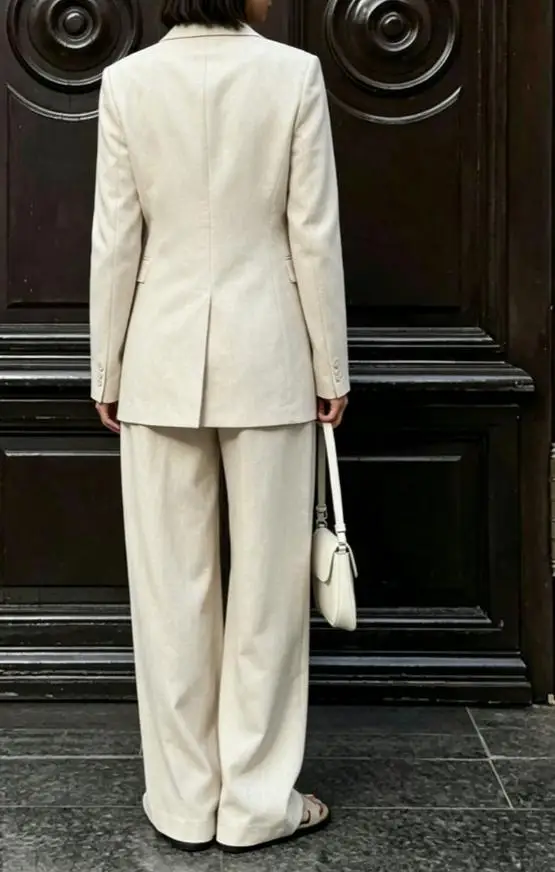 Women Beige Linen Lapel Blazer Wide Leg Pants Suit Notched Collar Straight Cuff Outfit 2026 Office Commute Elegant Street Sets