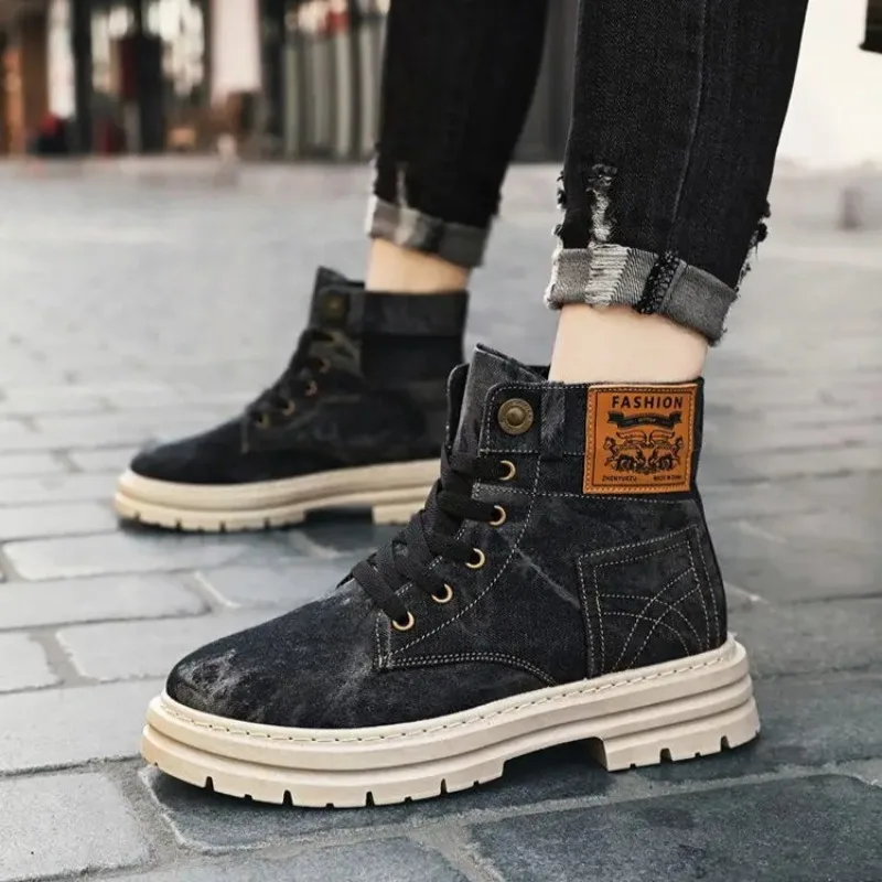 Botas altas masculinas moda lavada denim dedo do pé redondo botas de plataforma para homens vintage britânico botas curtas casuais botas hombre