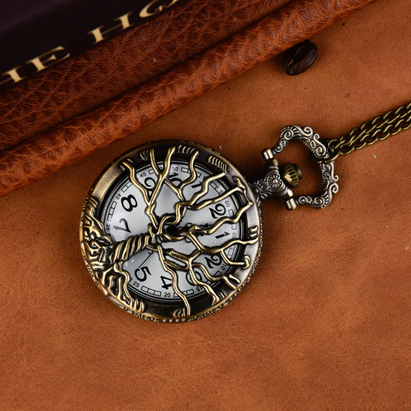 Vintage Luxury Skeleton Life of Tree Carving Quartz Pocket Watch for Men Women Engraved Fob Chain Bronze Clock for Collection