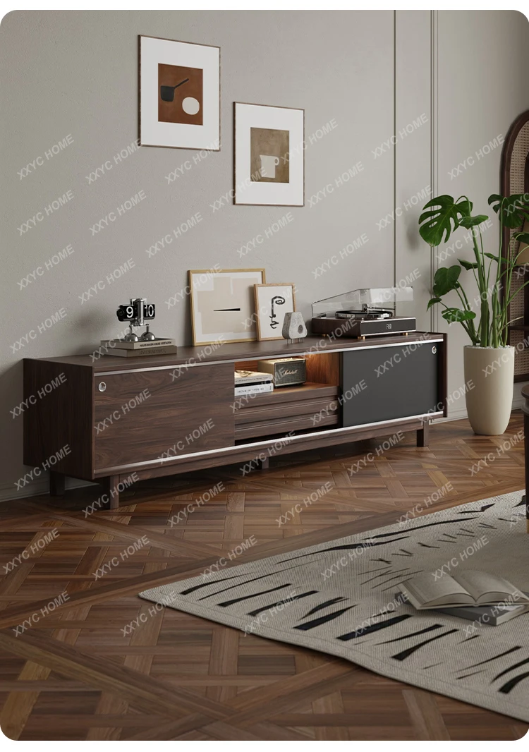 XZ  Black walnut TV cabinet living room combination coffee table fashionable multi-functional storage retro floor cabinet