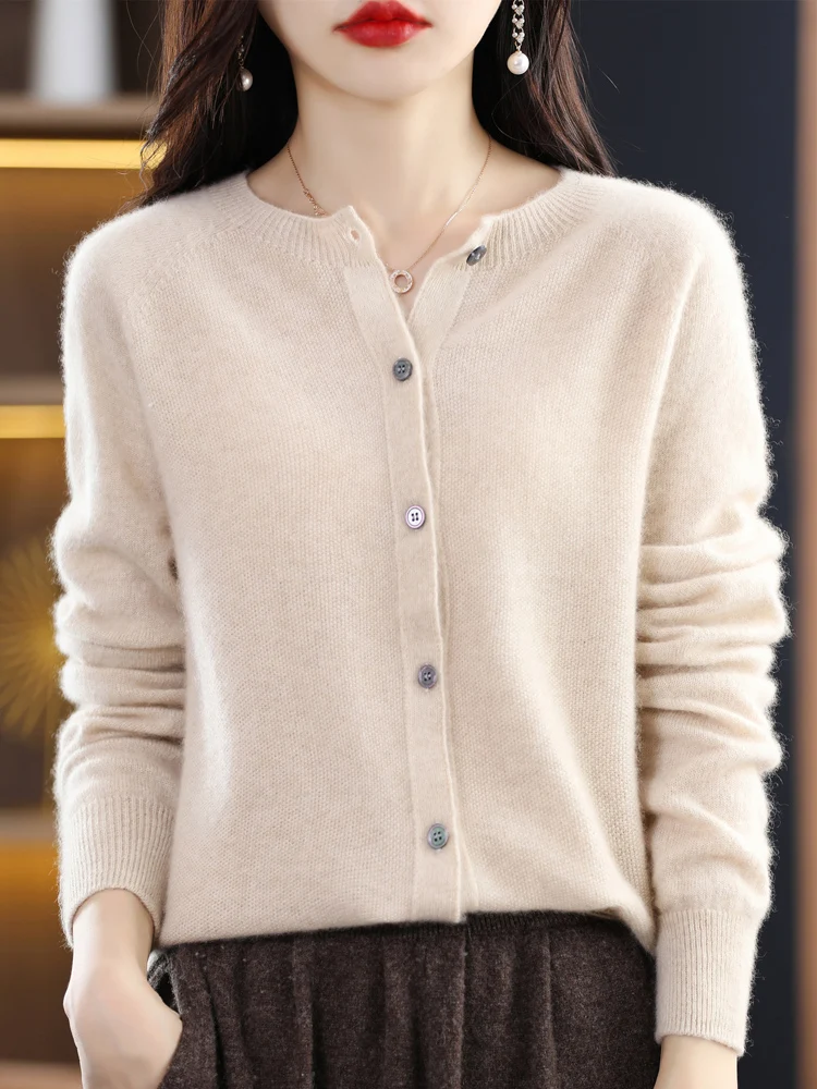 2024 Spring  Autumn Fashion 100% Wool Sweater Women\'s O-neck Cardigan Long-sleeved  Knitted solid color soft  clothing