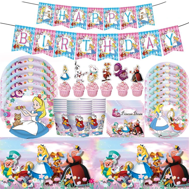 Disney Alice in Wonderland Party Supplies for 10 People Girl favor Birthday Tableware Set Plate cup Decoration