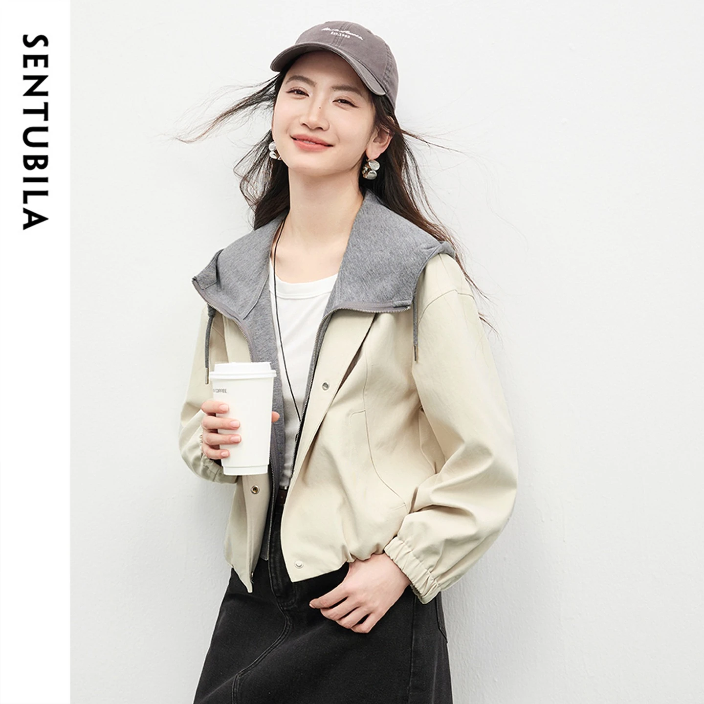

SENTUBILA Women's Hooded Trench Jacket 2026 Spring Woman Casual Zipper Front Elastic Hem Drop Sleeve Short Trench Coat W61WB5877
