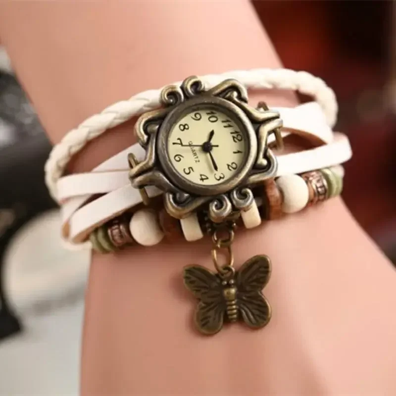 Vintage Fashion Creative Gifts Cow Leather Watch Women Ladies Fashion Butterfly Beads Dress Quartz Wristwatch Accessories Decor