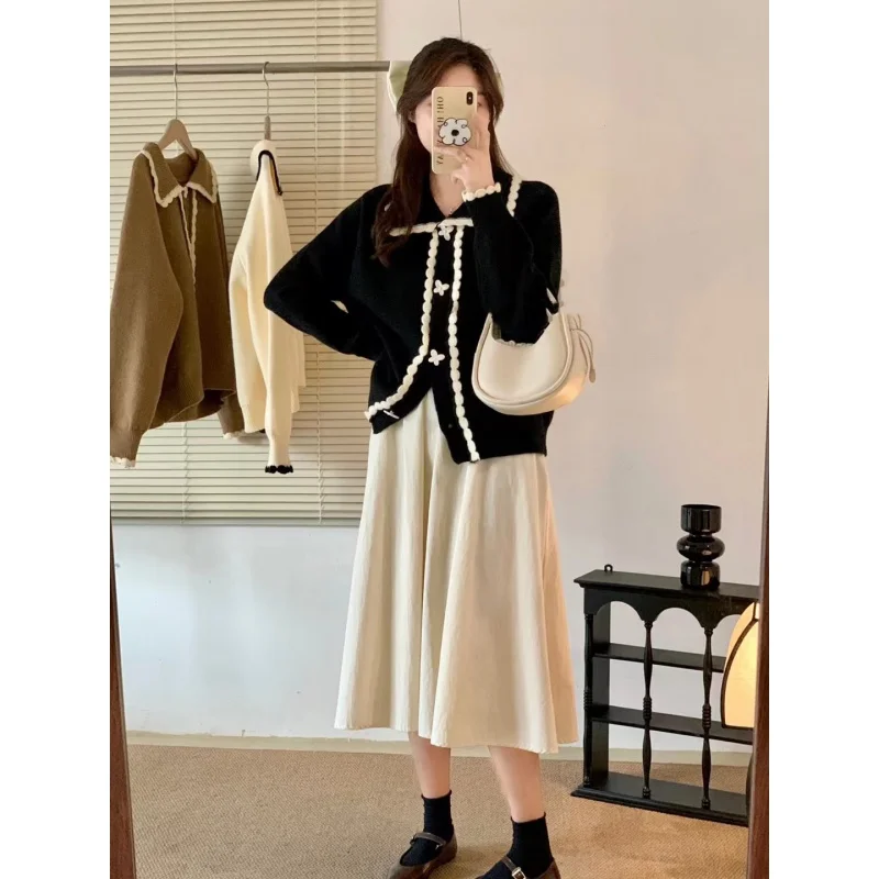 French Style Retro Lace Contrast Color Cardigan Women's Autumn Soft Glutinous Gentle Cute Youth-Looking Coat Sweater Top