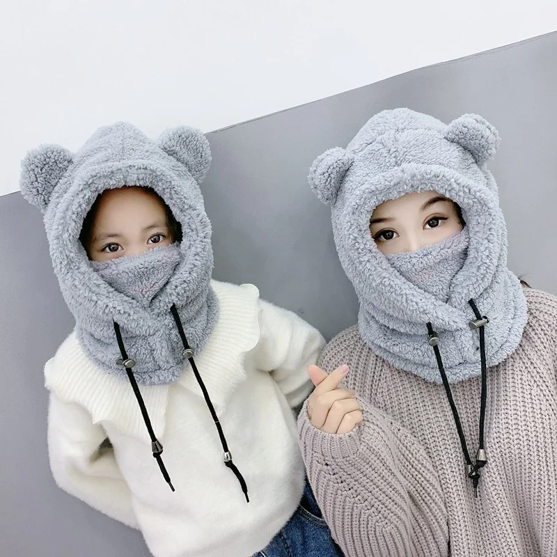 Plush Bear Balaclava with Ears Mask Ear Warmer Hat Cute Children\'s Thicken Warm Winter Hats for Women Girl Neck Warmer Hood