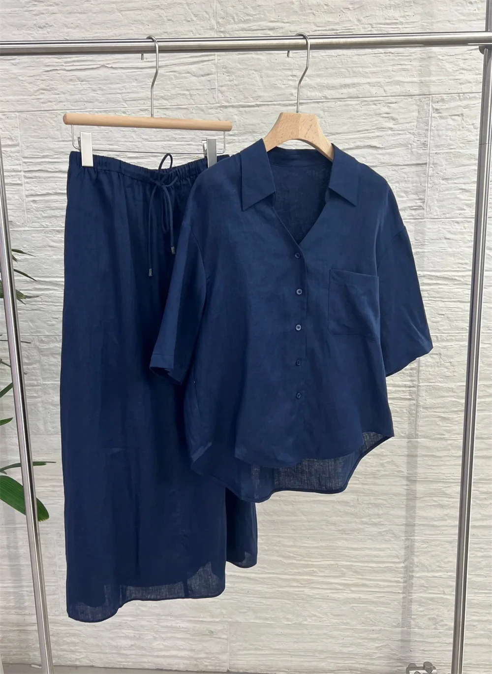 

26 New Clothing Women's 2 Piece Set 100 Linen Short-Sleeved Shirt With Drawstring Skirt Suit