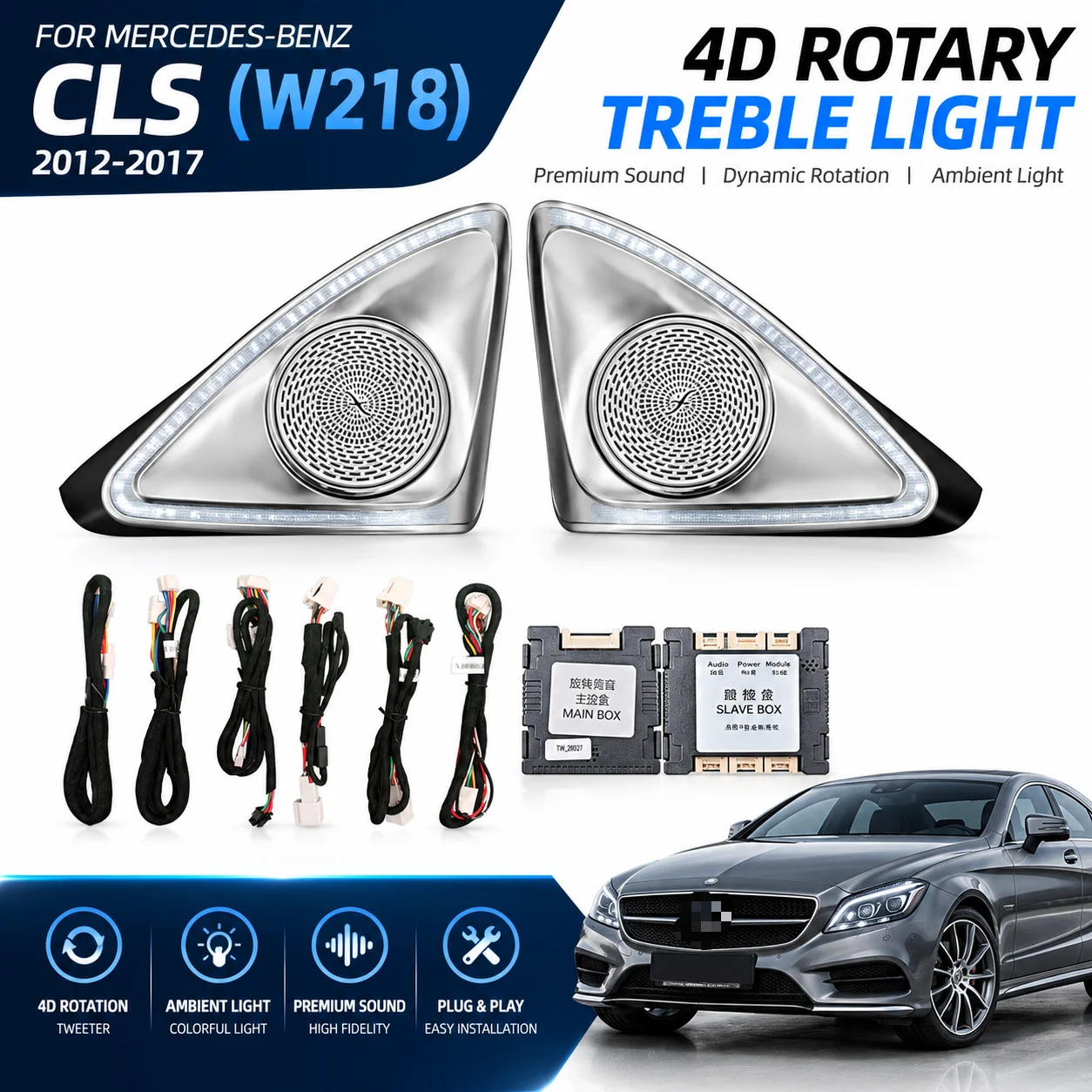 4D Rotating Tweeter for Mercedes Benz CLS W218 2012-2017 Ambient Light LED Speaker Cover Premium Audio Sound Interior Upgrade