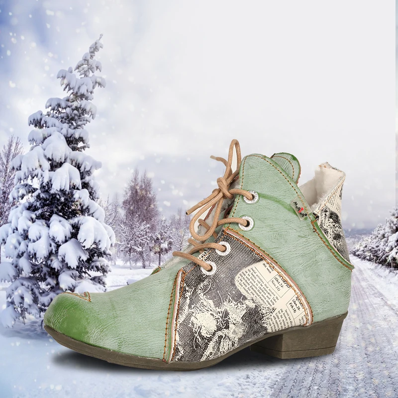 TMA EYES Winter Lace Up Newspaper Print Leather Women's Ankle Boots With Warm Faux Fur Liining