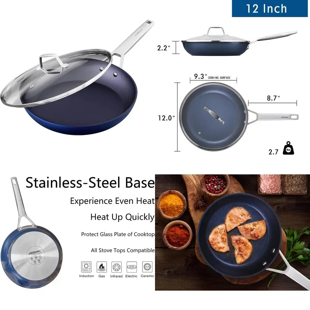 

12-Inch Titanium & Diamond Coated Non-Stick Skillet with Lid - Durable, Non-Toxic, Blue, USA Made Pan for Healthy Cooking