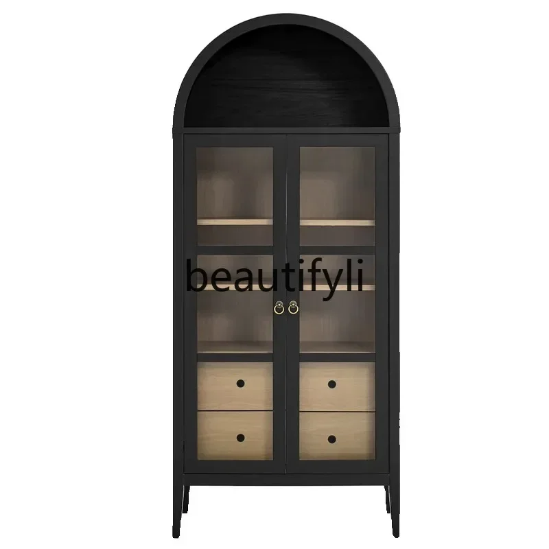 DD45 American-style Light Luxury Solid Wood Bookcase Living Room Black Arched Glass Cabinet Door Vintage Decorative Cabinet