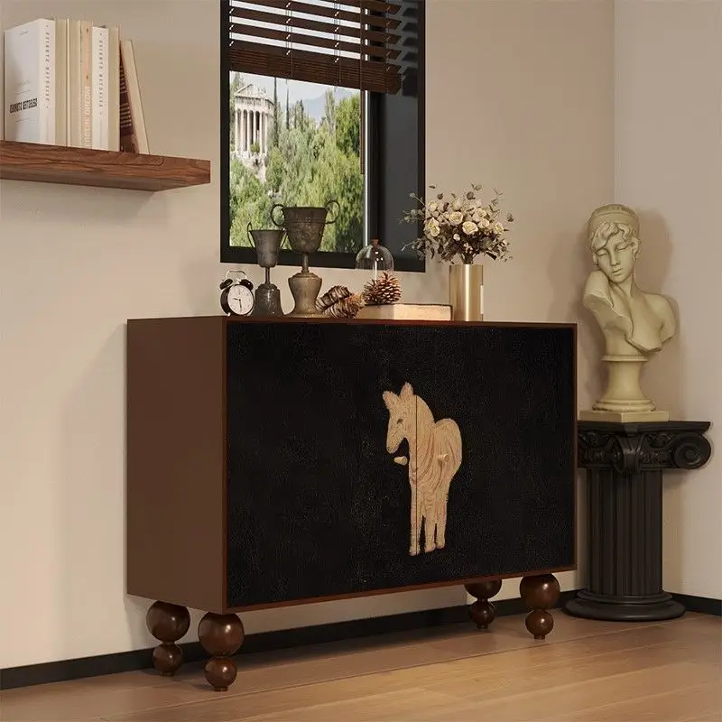 خزانة خشبية صلبة كلاسيكية، خزانة تزيين فنية سوداء راقية، خزانة تخزين لغرفة المعيشة المنزلية