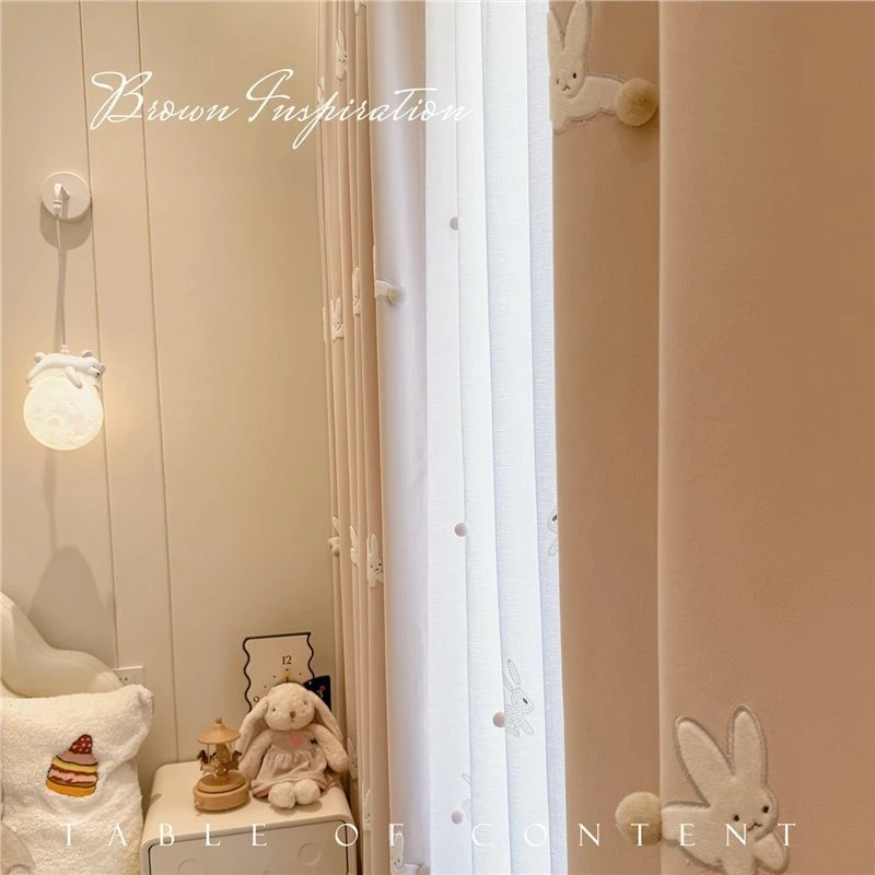 Cute Rabbit Children's Room Fur Ball Embroidery Cartoon Princess Daughter's Room Light Pink Chenille Curtains Cream Style