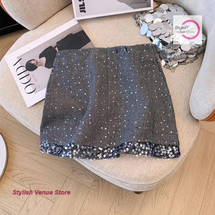 

French grey sequined skirt women's summer new fashion design sense niche anti-exposure slim waist and hip skirts for women