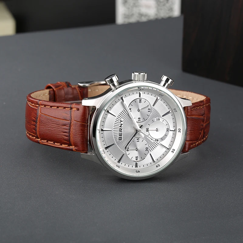 Quartz Sport Watch for Men Luxury VD54 Best 24H Chronograph Watches Fashion Waterproof Genuine Leather Strap Wristwatch Men