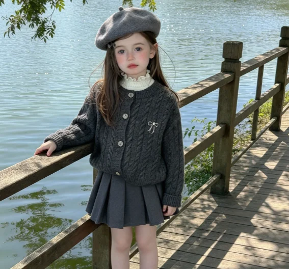 Girls Sweater 2026 Autumn and Winter New Children's Clothing Korean Style Girl Baby Temperament Bow Twist Knitted Cardigan