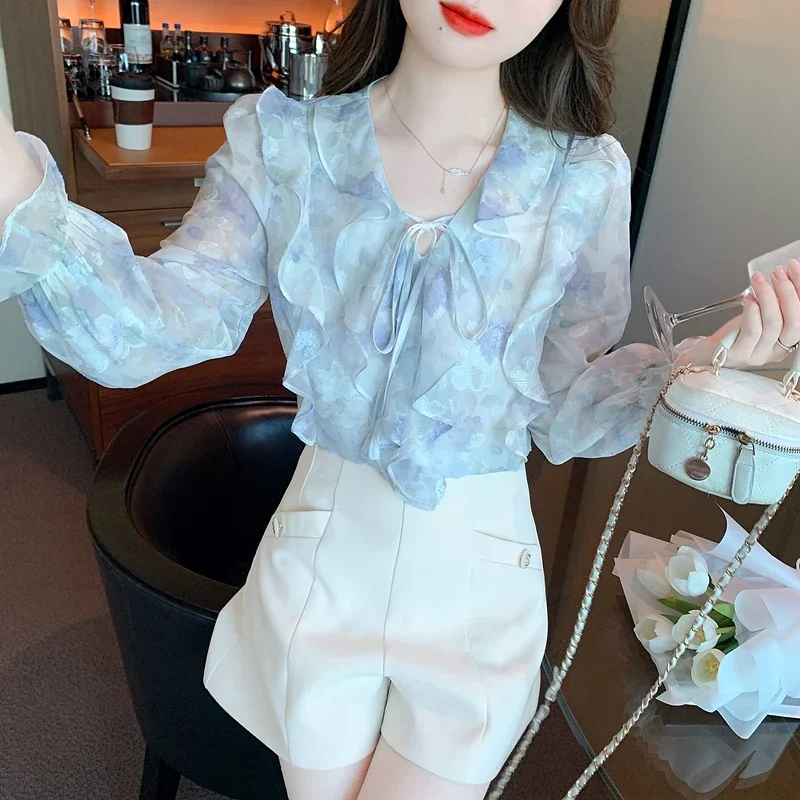 Autumn Women's Long Sleeve V-Neck French Flare Sleeve Printed Ruffle Lace Up Chiffon Shirt Womens Tops Blouse Camisas