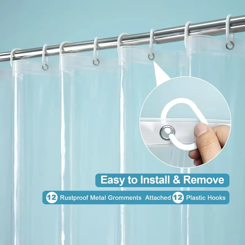 PEVA Clear Shower Curtain Liner 72 X 72 Inch, Waterproof Mold‑Resistant Plastic Shower Curtain Inner Liner with 12 Hooks, Bathroom Shower Stall Protector
