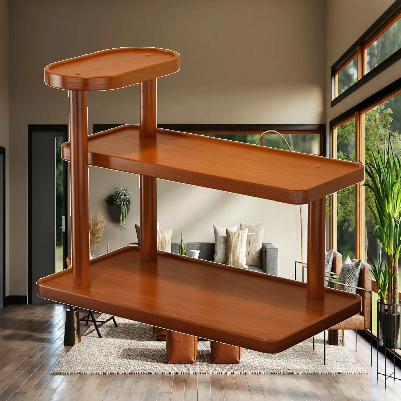 Multi-Level Display Stand Space Saving 3-Tier Desktop Shelf Raised Edge Design Wooden Countertop Organizer for Tea Room,