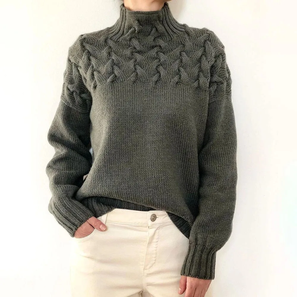 Women's Fashion Cable Weaving High Neck Long Sleeve Sweater Knitwear Jumper Korean Fashion Pullover Women Knit Tops