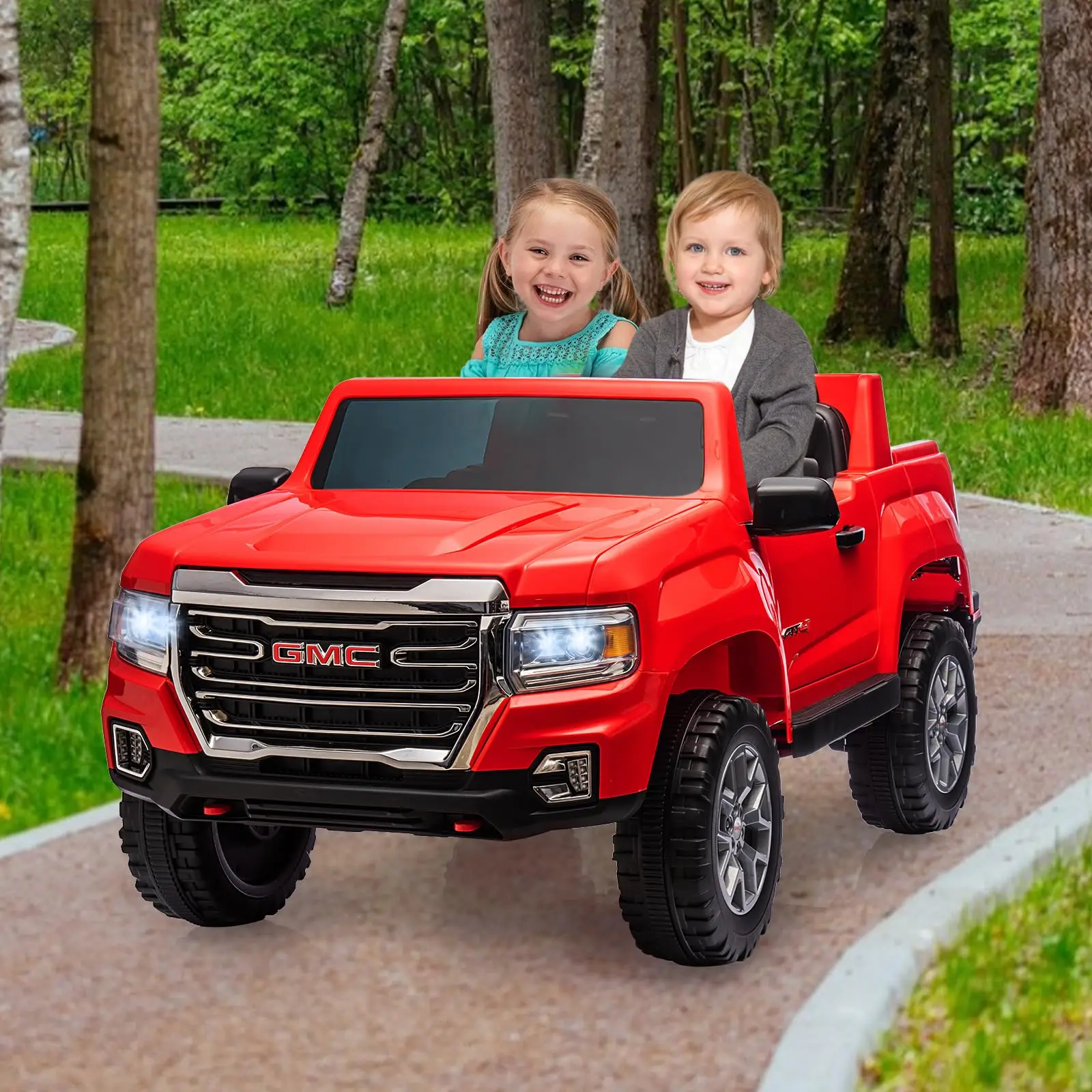 2-Seater Ride On Truck Car, 24V 7AH Licensed GMC Battery Powered Electric Vehicle with Remote Control, LED Lights, Safety Belt