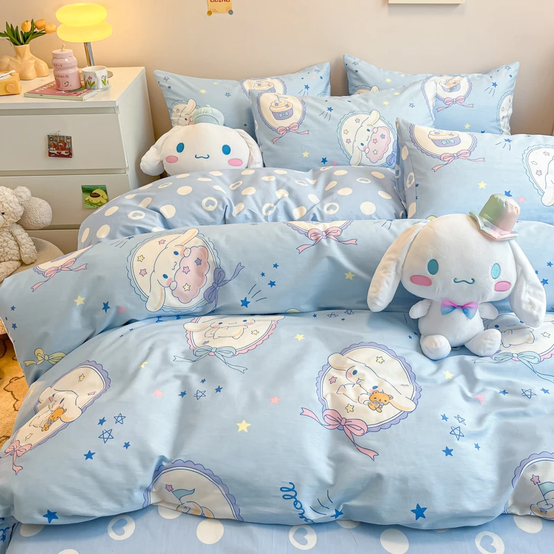 Sanrio Cartoon Bed Set Of Four Cinnamoroll Cotton Kawaii Kuromi Cute Home Four-piece Set Cotton High-end Bed Sheet Quilt Cover