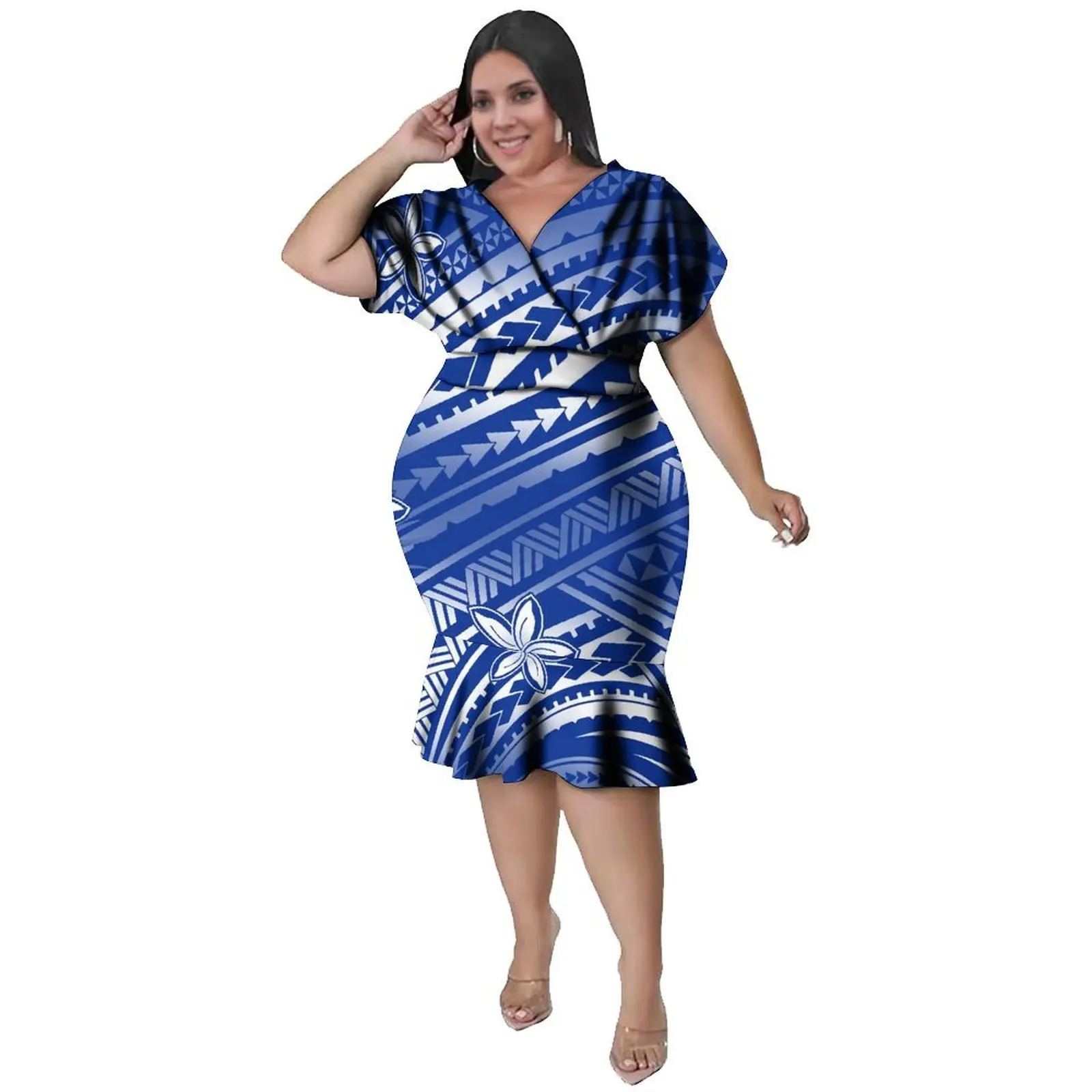 V-Neckline  Women'S Polynesian Style Knee-Length Full-Skirted Tight-Fitting Dress Holiday Party Soft Fabric