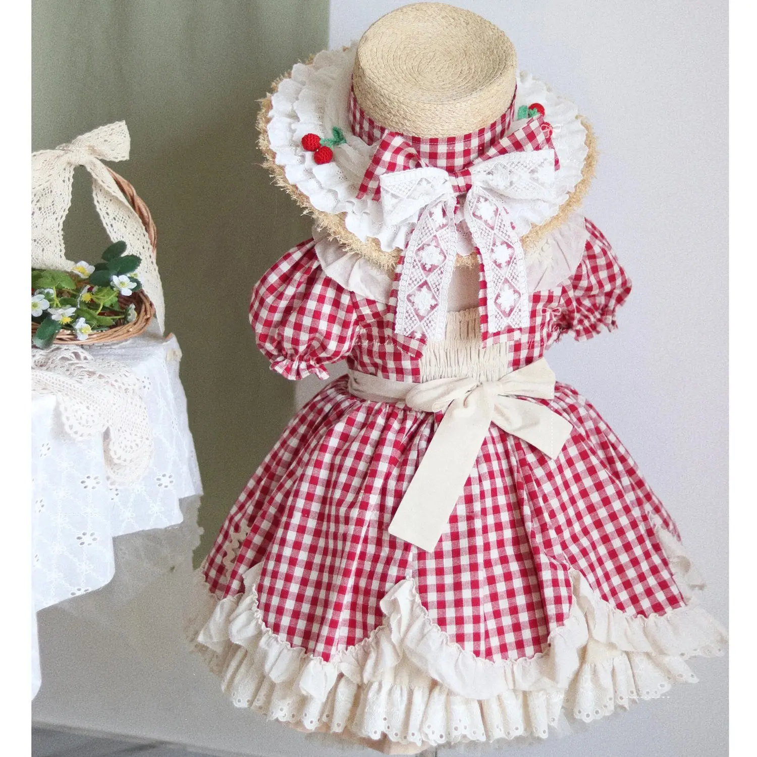 Summer Girls Korea Birthday Lace Red Cute Plaid Wedding Ball Gown Bow Party Dress Princess Floral Baby Children Lolita Skirts