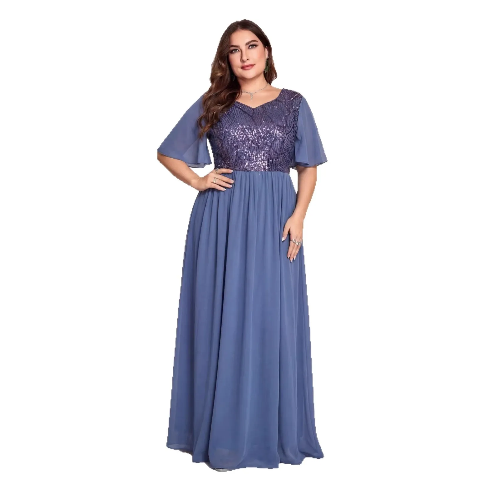 Abito lungo in chiffon blu polvere taglie forti con scollo a V, maniche a farfalla, paillettes all-over, vita impero, linea ad A, per la madre della sposa, da sera