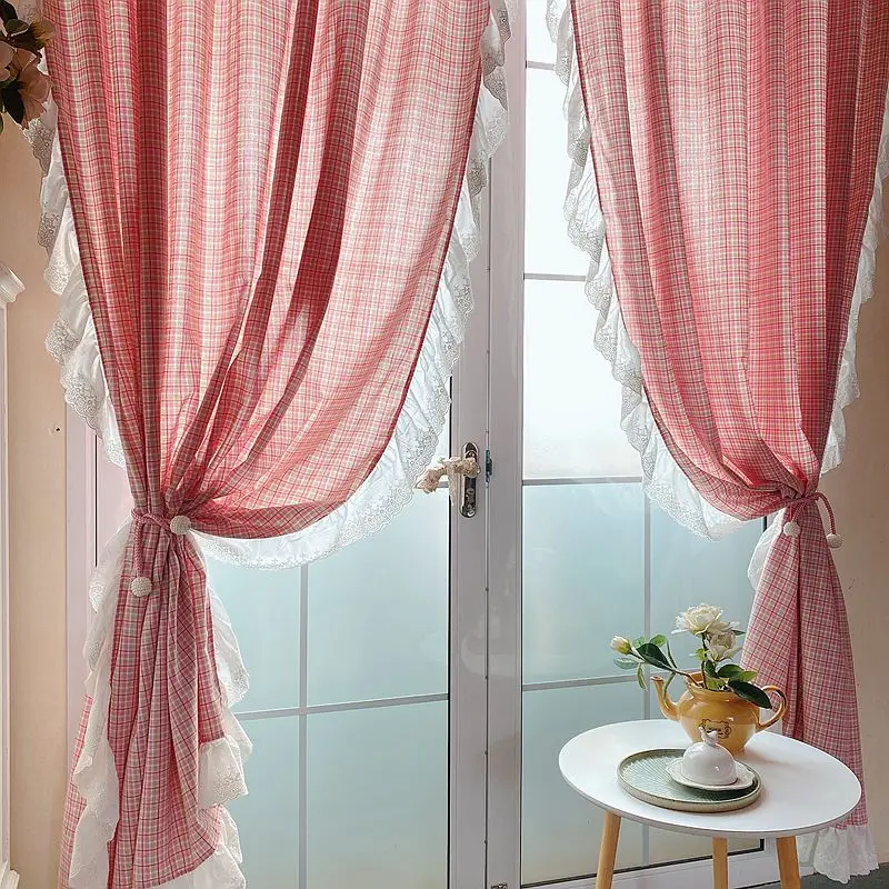 

French Romantic Plaid Blackout Curtains with White Ruffles Retro Princess Style Pink Window Drapes for Girl's Bedroom