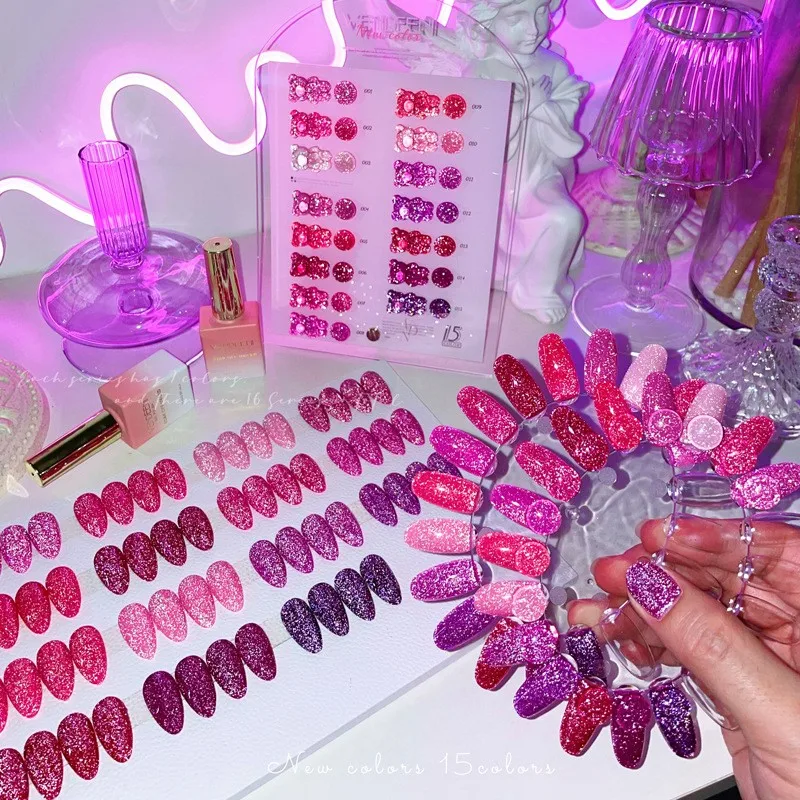 Vendeeni Nail Supplies Odblaskowy Fioletowy Żel Disco 15 Kolorów TPO Bez HEMA Kolekcja Żeli do Paznokci z Diamentowym Brokatem do Zdobienia Paznokci