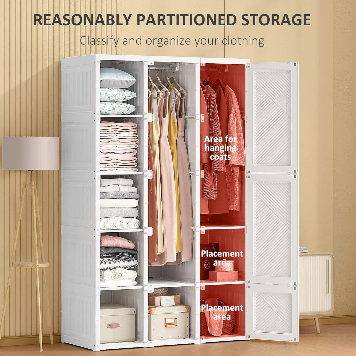 Portable Wardrobe Closet, Folding Bedroom Armoire,Clothes Storage Organizer with 8 Cube Compartments,2 Hanging Rods,Magnet Doors