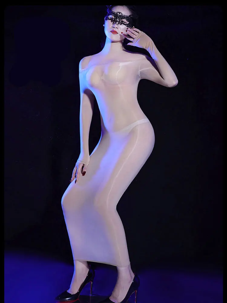 Abiti lunghi trasparenti trasparenti ultra sottili sexy a tubino Abiti tubolari con spalle scoperte in pizzo Guanti a cinque dita Abito alla moda