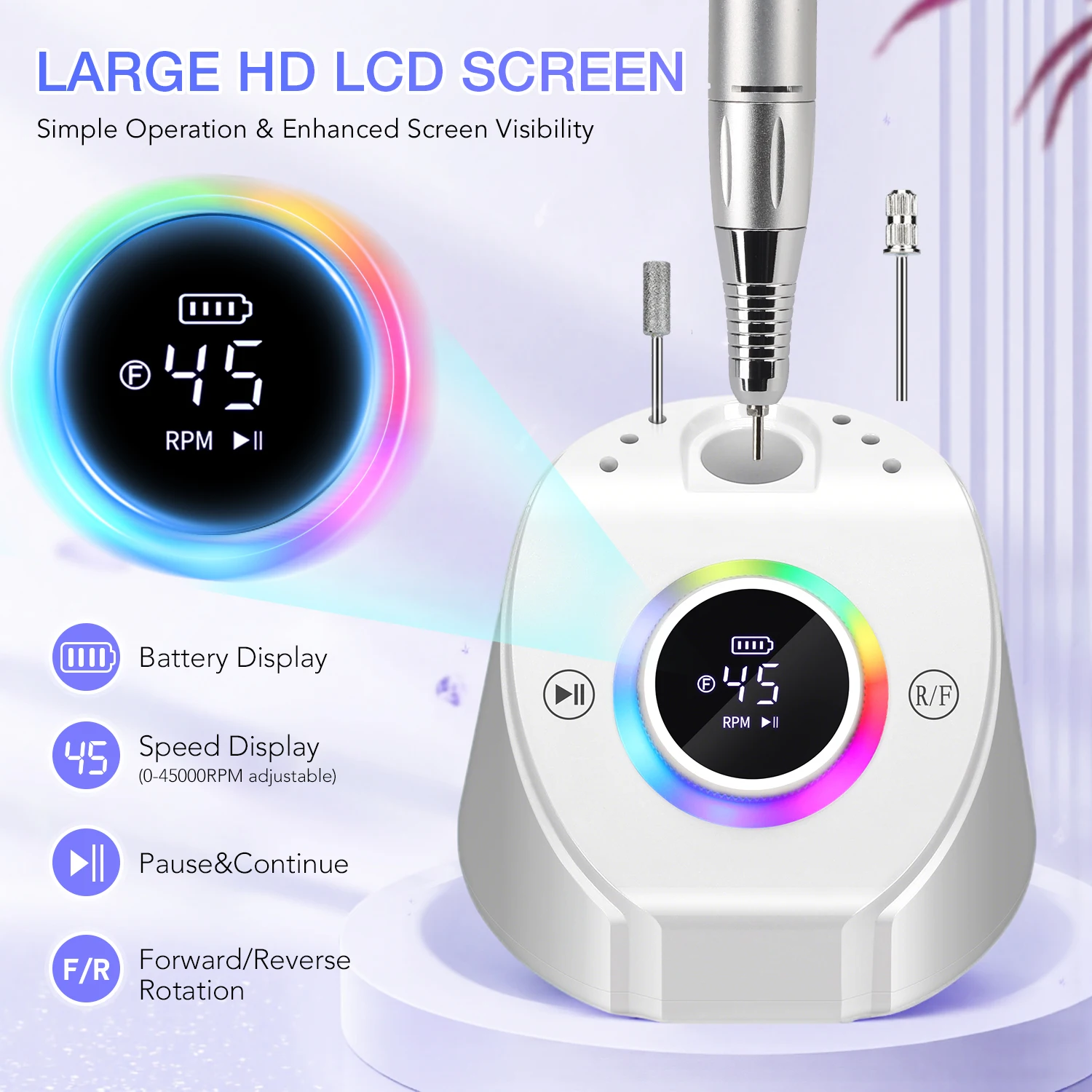 45000RPM Rechargeable Nail Drill Machine – Elegant Base with Handpiece Rest, 8-Color LED Glow, USB-C, Cordless Electric File