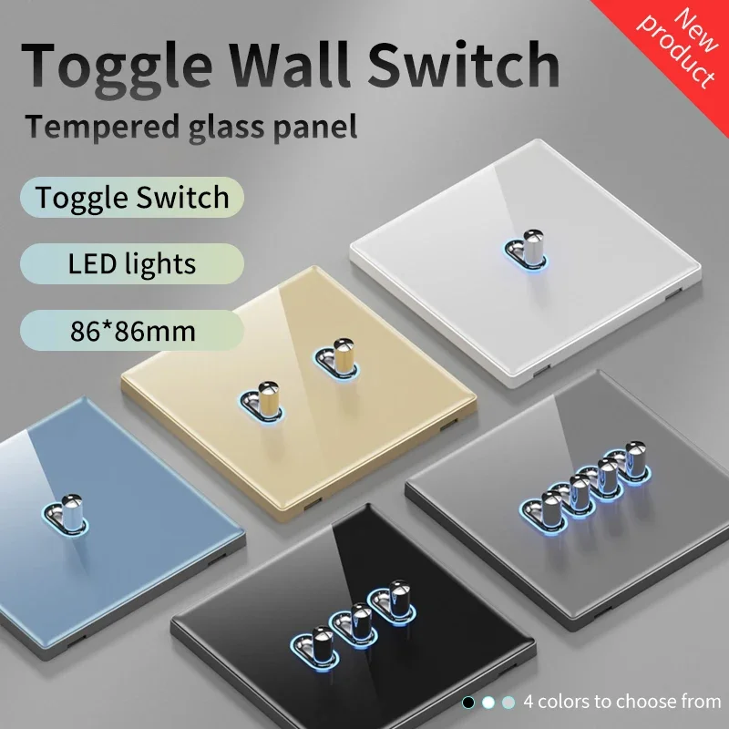 Black Glass Panel Toggle Wall Light Wall Switch Button EU UK Standard Led Indicator Light Bedroom Usb Switch Socket 1-4Gang