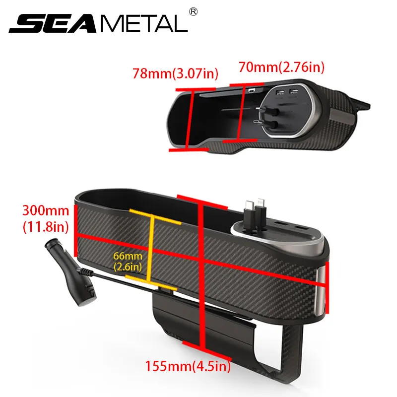 SEAMETAL Car Seat Gap Organizer 40W Wireless Charging Storage Box with 3 Cables USB-C/Lightening Charger for Phone/Tablet/Labtop