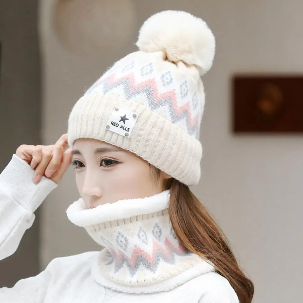 2Pcs/Set Women Hat Neck Warmer Knitted Star Labels Ear Head Neck Thickened Winter Beanie Cap Scarf Kit for Riding