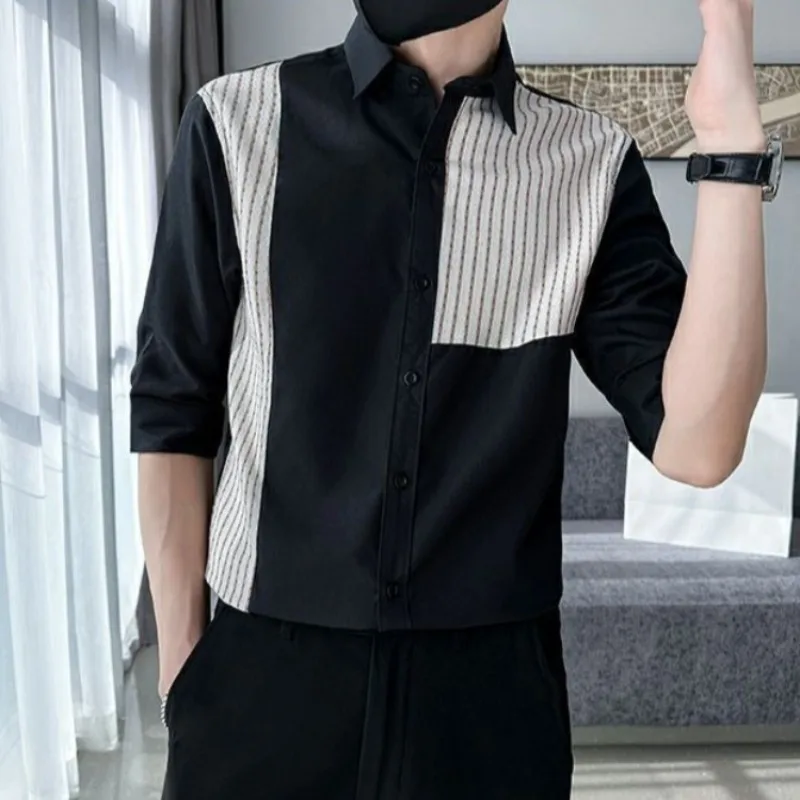 

​ Стильный мужской комплект из рубашки с полосатыми вставками и рукавом три четверти, летний, приталенный, премиум-класса, модный, повседневный ​