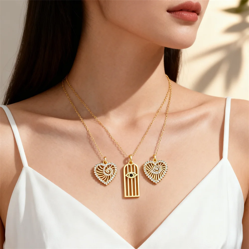 2Pcs Pendants Brass Heart Shape Charms Shiny Zircon Inlaid Geometric Openwork DIY Jewelry for Necklace Bracelet Making Women Men