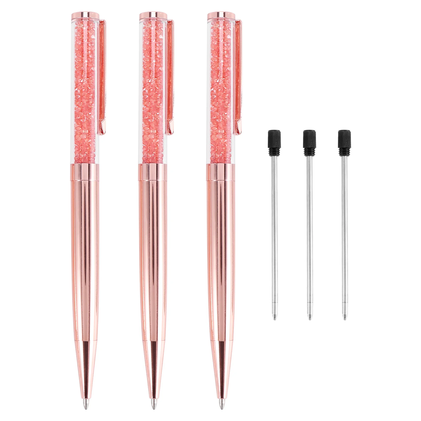 【CYBER MONDAY】Rose Gold Pen Bling Crystal Ball Point Pen Black Ink Pen with 3 Extra Refills (Rose Gold 3 Pack)
