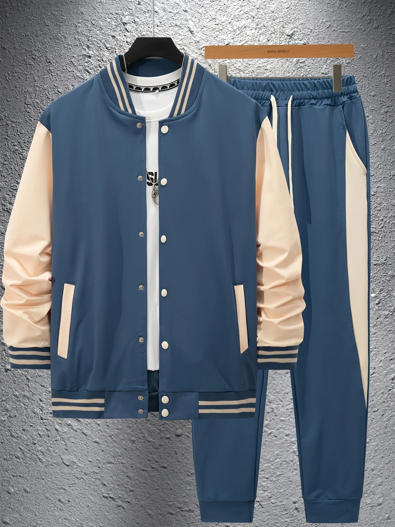 Polyester Men's Casual Baseball Jacket & Pants Set - Color Block, Button-Up with Belt Detail for Spring/Fall