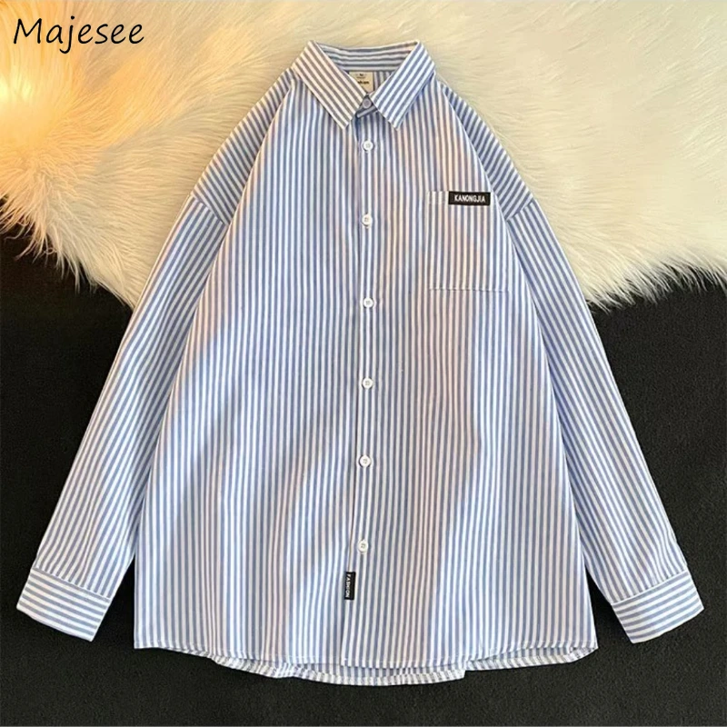 

Striped Shirts Men Spring Long-sleeve Casual Tops Teens High Street All-match Pockets Handsome Soft Outwear Stylish Designed