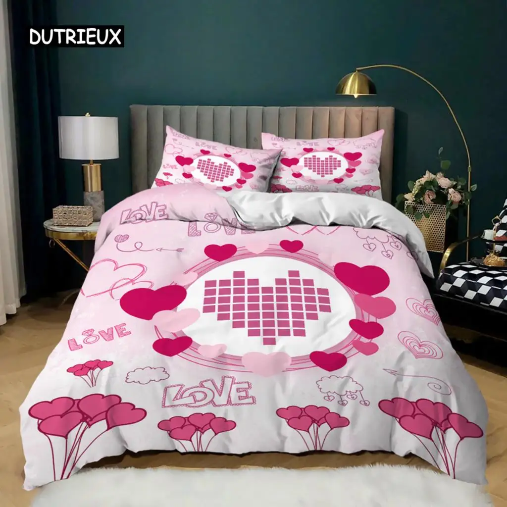 

Love Heart Duvet Cover Set Pink Love Heart Bedding Set Valentine's Day Gift Girl Bedroom Microfiber Queen King Size Quilt Cover