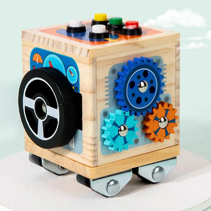 Busy Cube For Kids Bus Design Fidget Activity Cube Wooden Learning Toy Boosts Fine Motor Skill Sensory Development For Children