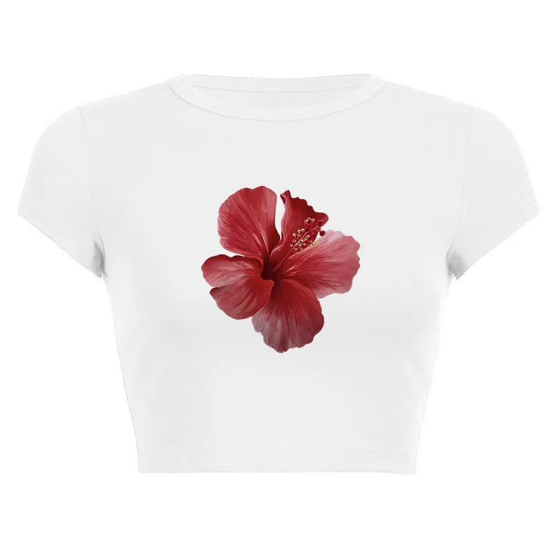 Hibiscus Flower Print Harajuku Vintage 2000s Y2K Clothing Short Sleeve Crop Top Summer Women Sexy Slim Baby Tees