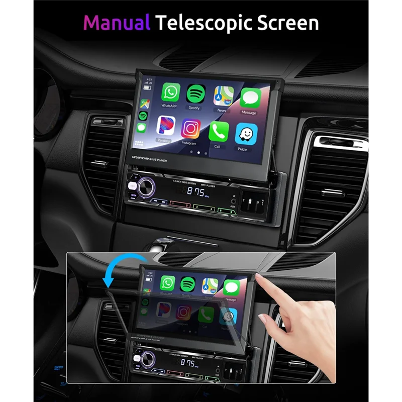 Classy-Wireless Carplay Android Auto Single Din Radio, 7 Inch Manual Foldable Car Stereo With Backup Camera, Mirror Link/AM/FM