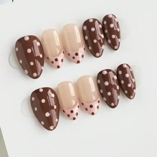 10pcs Short Almond Handmade Press On Nails,Press On Nails,Brown Nails,Glossy Nails,French Tip Nails,Polka Dot Nails