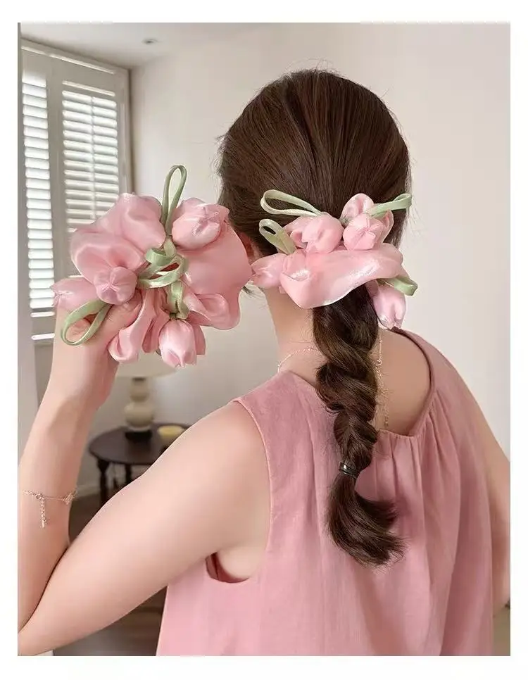 Chouchous en satin à motif floral tulipe, accessoires décoratifs pour cheveux, parfaits pour le bureau, les voyages, les fêtes et la décoration des coiffures.