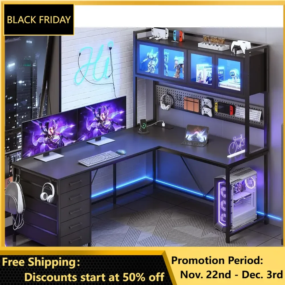 Desk, L Shaped Gaming Desk with Drawers, L Shaped Computer Desk with Hutch and Storage Shelves, Desk with Pegboard, Led Lights