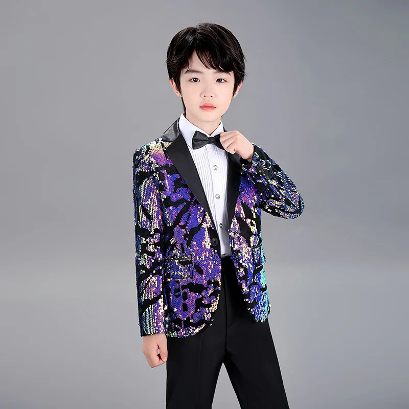 

Kids Piano Wedding Birthday Tuxedo Dress Children's Shining Sequins Stage Show Photography Suit Boys Performance Costume